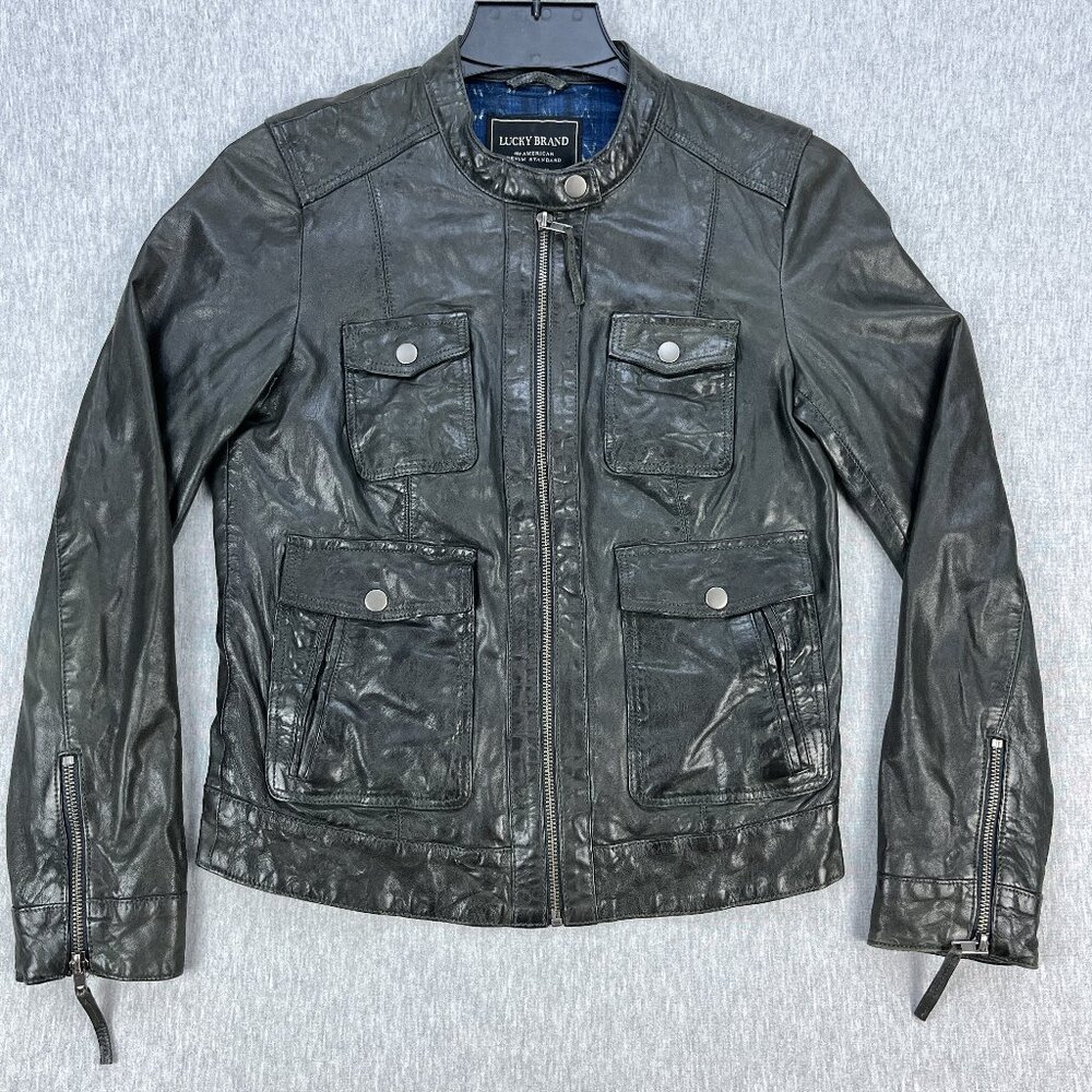 Lucky Brand Lamb Leather Jacket Womens S Black Moto Chinstrap Collar Zip Sleeve